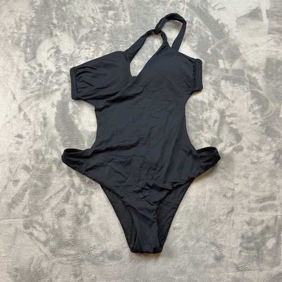 Miss Bikini Luxe Swimsuit Womens XL Black Monokini One Piece Halter Cut Out Sexy